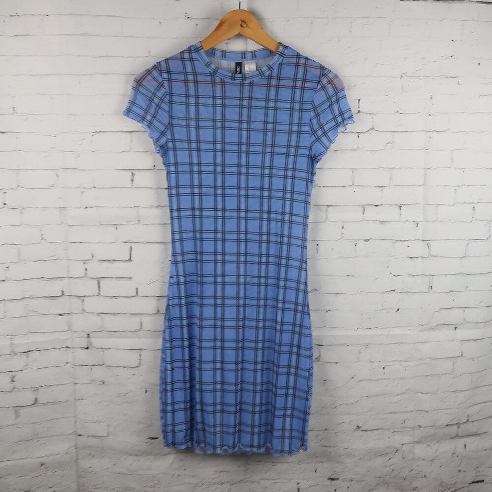 DIVIDED BY H&M BLUE BLACK & WHITE PLAID SHEER SHORT SLEEVE CREW NECK MIDI DRESS